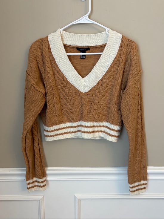 Forever 21 Sweaters - Forever 21 Camel and Cream Varsity Cropped Sweater Medium Light Academia Preppy